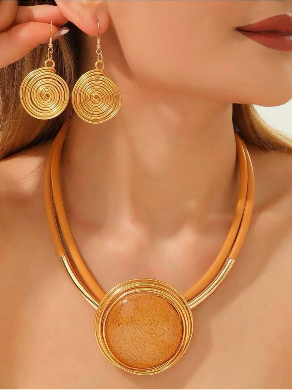 Gold and Tan Spiral Pendant Necklace with Matching Earrings